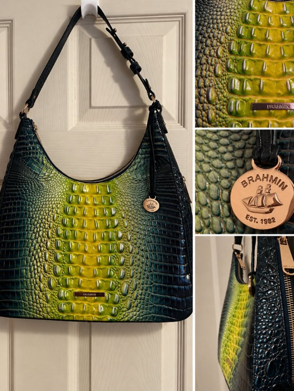 Brahmin Tabitha Zesty Green Ombre Melbourne Croc Embossed Leather Shoulder Bag